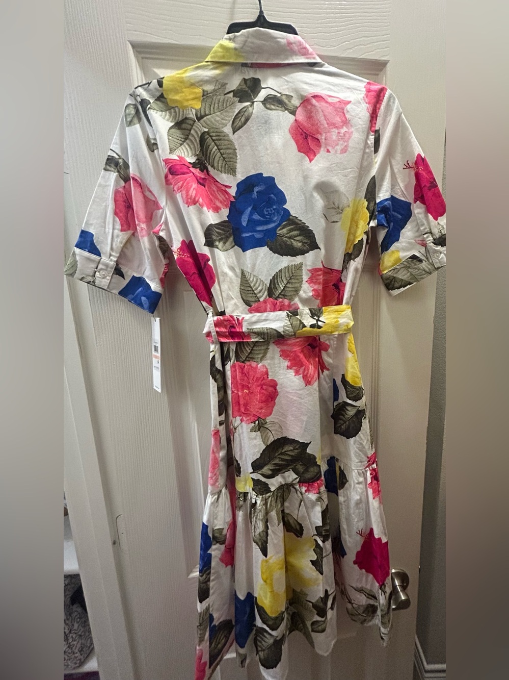 Floral Button-Front Shirt Dress with Tie Waist - White Multicolor - Picture 7 of 8